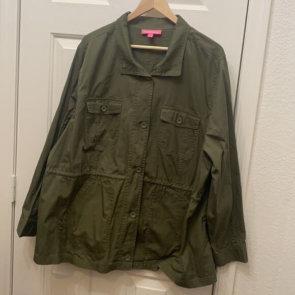 Woman Within Size 1X 💯 Cotton Army Green Fatigue Jacket  Adjustable Tie Waist - Picture 2 of 9